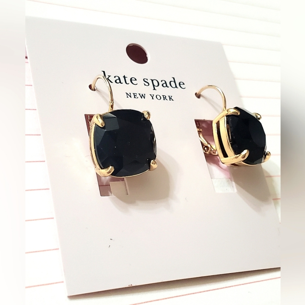 Kate Spade 14k gold plated, faceted, jet black stone, Drop, Leverback Earrings